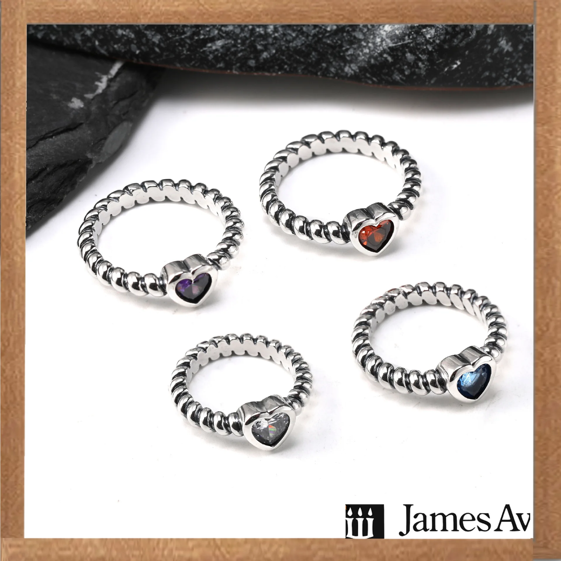 S925 Silver Twist Beaded Heart CZ Ring Multi‑Color Crystal Heart Stackable Finger Ring Fashion Jewelry Gift for Women