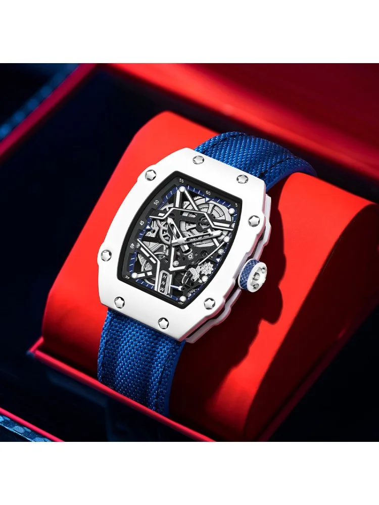 Tonneau Ultra-Dünne Tonnenförmige Quarz-Armbanduhr für Herren Coole Trendige Einzigartige Muster Männer Nylon Wasserdichte Uhr