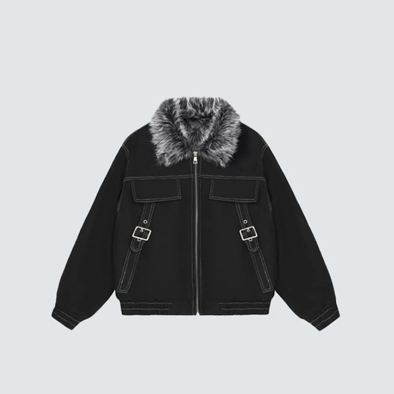 Retro Big Fur Collar Workwear Cotton Jacket For Men And Women Metal Buckle Design With Cotton Warm Jacket American Casual Jacket