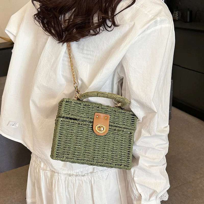 

2025 New Retro Box Frame Fashion Bag Straw Woven Square Handheld Bags Paper Rope Crossbody Shoulder Bag for Women Chic Style