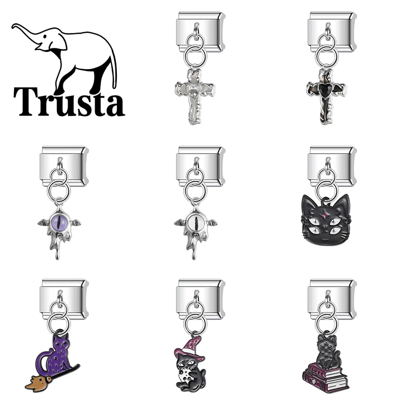 Trusta 2025 New Fashion Halloween Cross Cat Charms Italian Links 9mm Stainless Steel Bracelet for Women DIY Jewelry N397