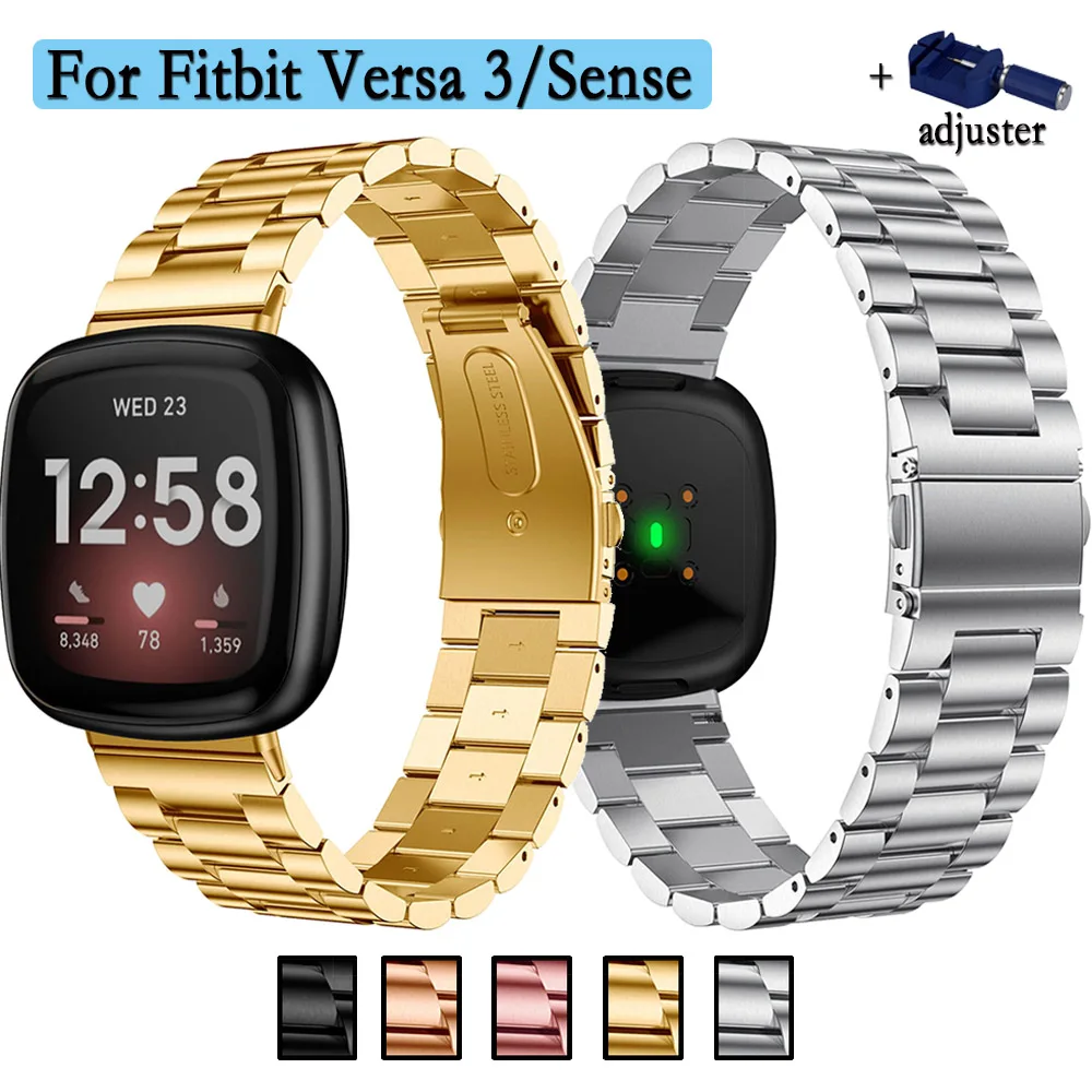 For Fitbit Versa 3 / Sense Metal Strap Stainless Steel Wristband With Watch Connector and Adjuster Watchband Business Style