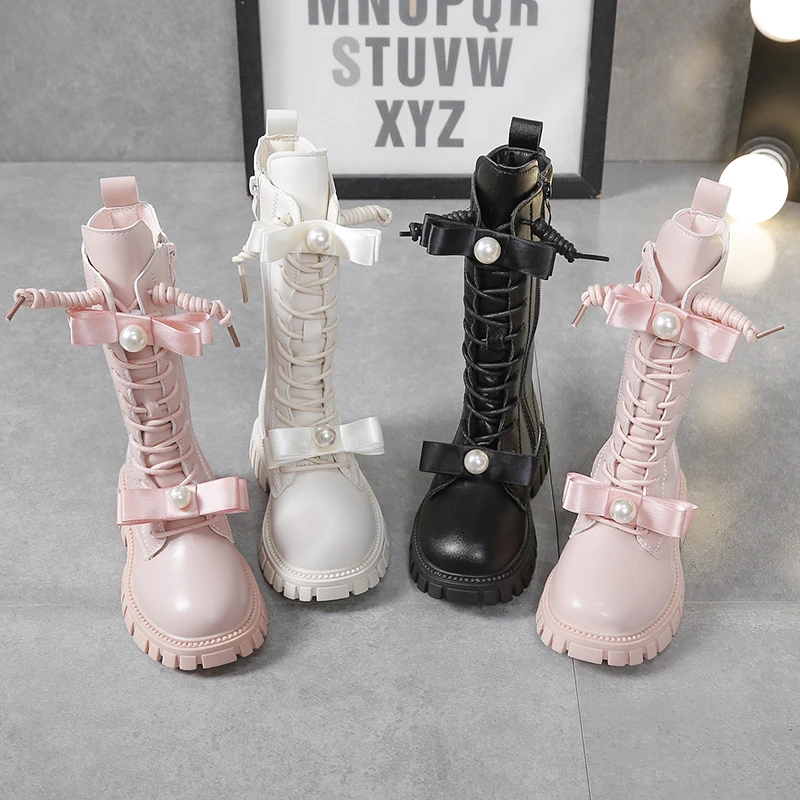 Girls' Autumn and Winter Sweet Style Pearl Bow Decoration and Knee Boots 2026 New Solid Color Anti-slip Thick-soled Boots