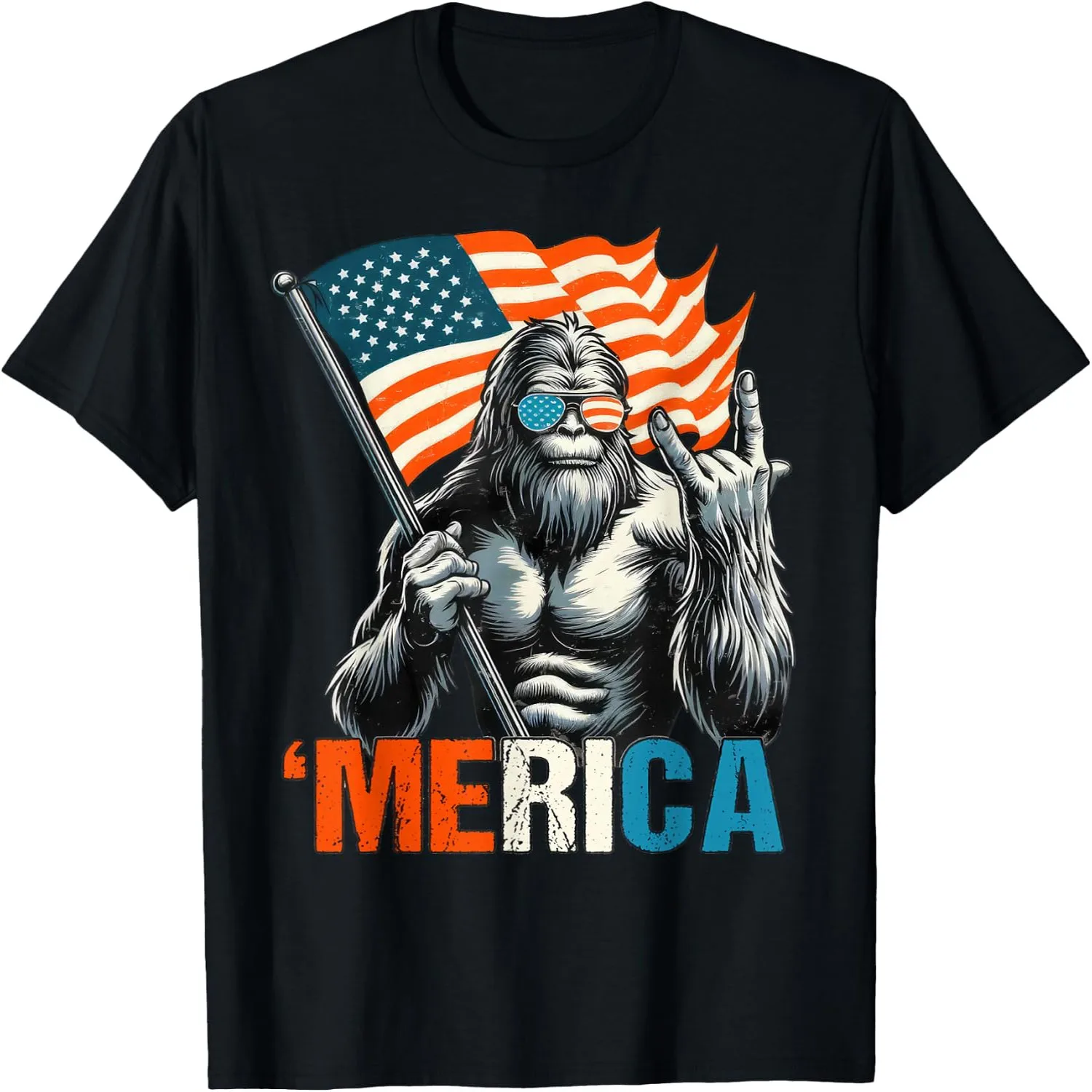 Bigfoot Merica Rock American Flag Patriotic 4th of July T-Shirt graphic tee, unisex, 100% cotton,