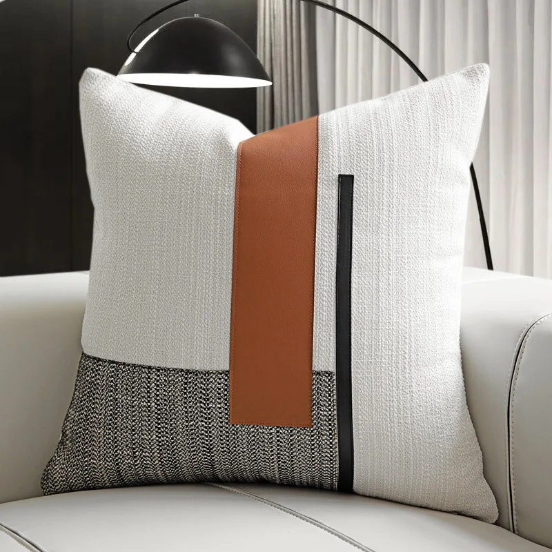 Beige Cotton Linen Patchwork Pillow Case Orange Black PU Leather 50x50cm Pillow Modern Light Luxury Model Room Cushion Cover