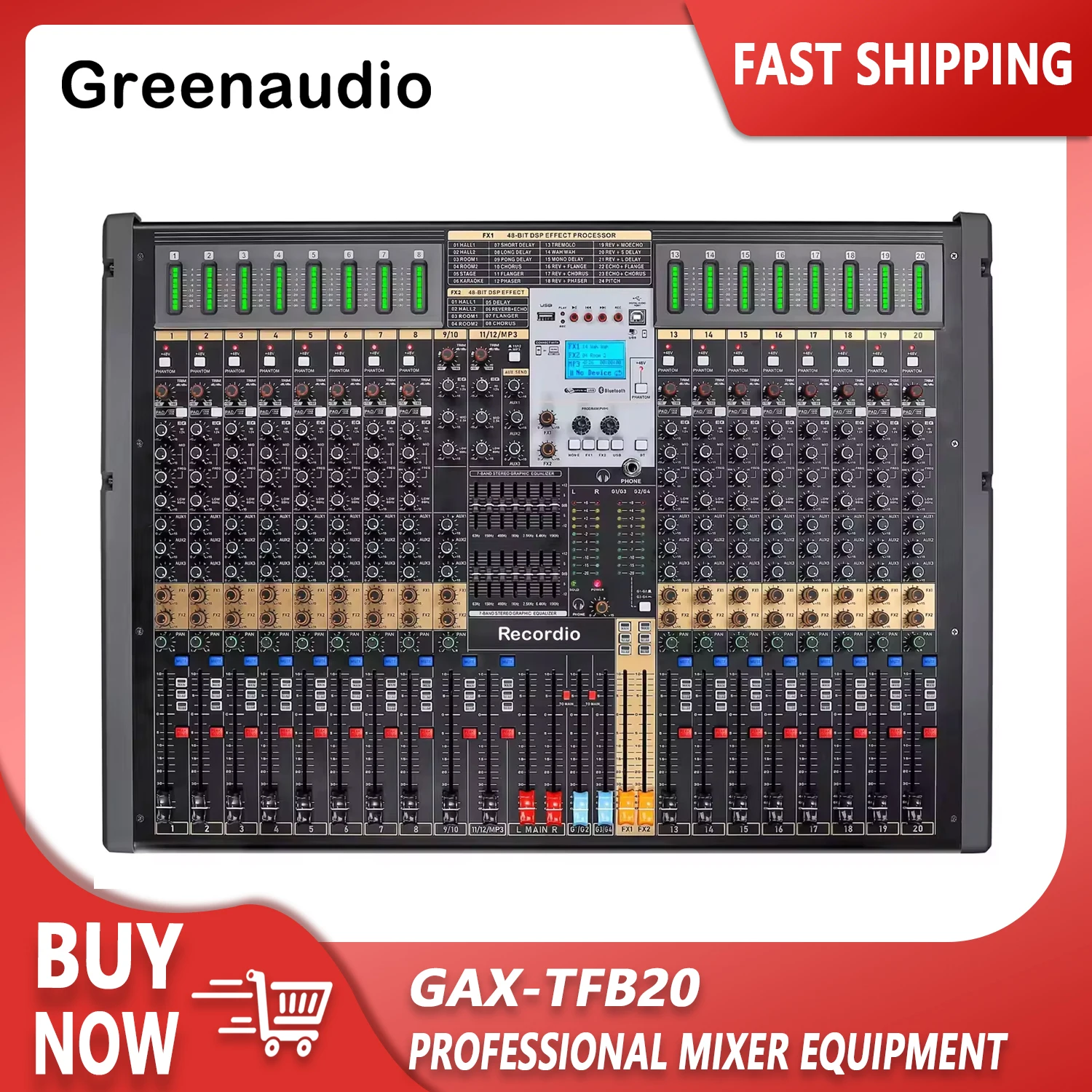 GAX-TFB20 Professional DJ Mixer Console 20 Channel Multi-Function Dual Dsp Effectors Mixer Soundcard For PC Recording