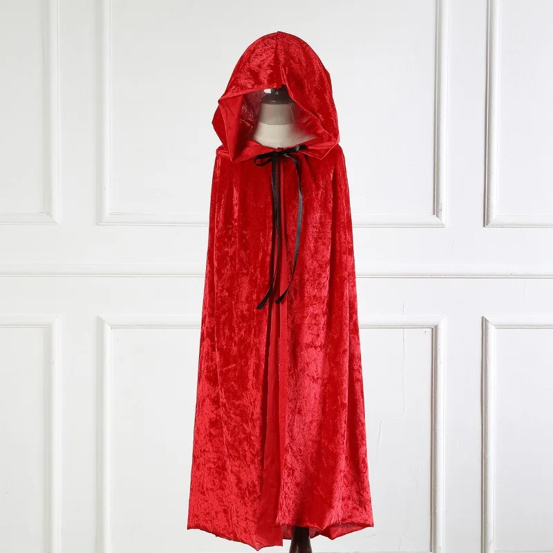 2025 Halloween Costume Kids Adult Hooded Cloak Long Style Red Green Lace Up Velvet Cloak Witch Role Play Cape