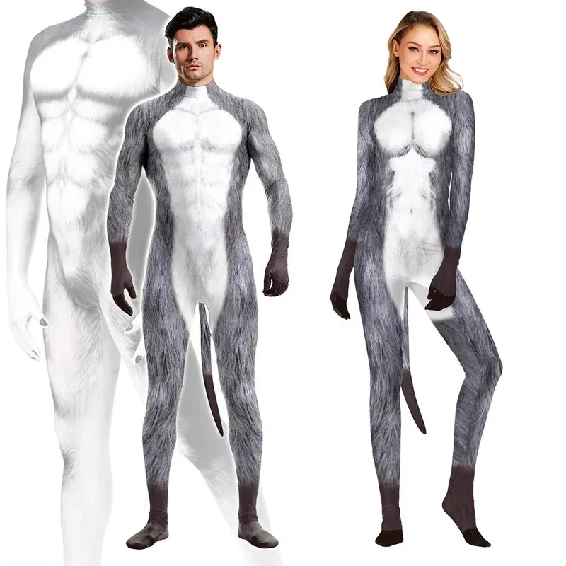 Dalmati Uomo Donna Costume Cosplay Animale Mucca da latte Halloween Cartoon Catsuit con coda Zentai Suit Tuta Tuta intera
