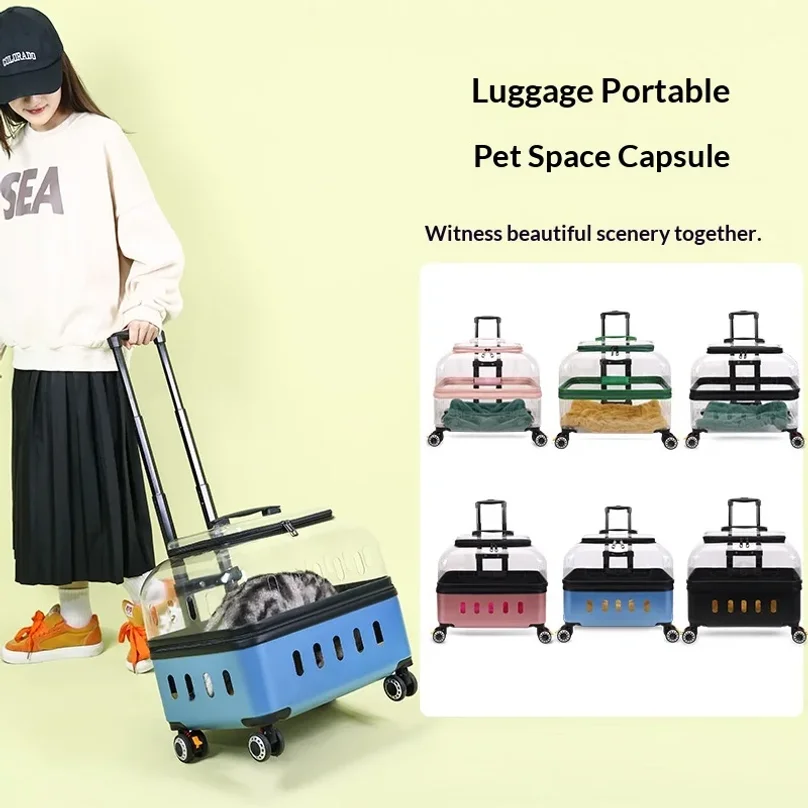 Dog Cat Transparent Bubble Carrier Airline Approved Hard Shell Portable Rolling Luggage Travel Case Dog Stroller Dog Car