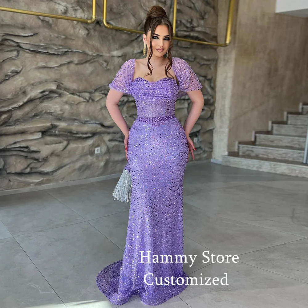 Lilac Evening Dress Saud Arabian Customized Off The Shoulder Sweetheart Pearls Sequined Mermaid Party Gown Sequined Prom Dresses