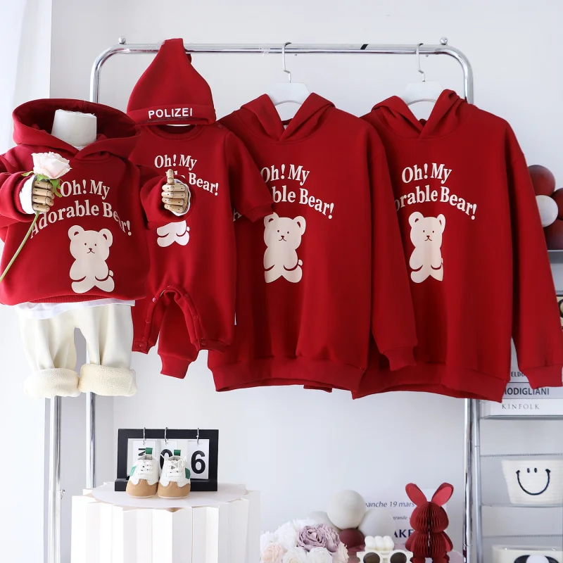2026 New Family of Four Red Hoodies Baby Romper for Father Mother Daughter Son Clothing Adult Kids Plus Velvet Hooded Sweatshirt