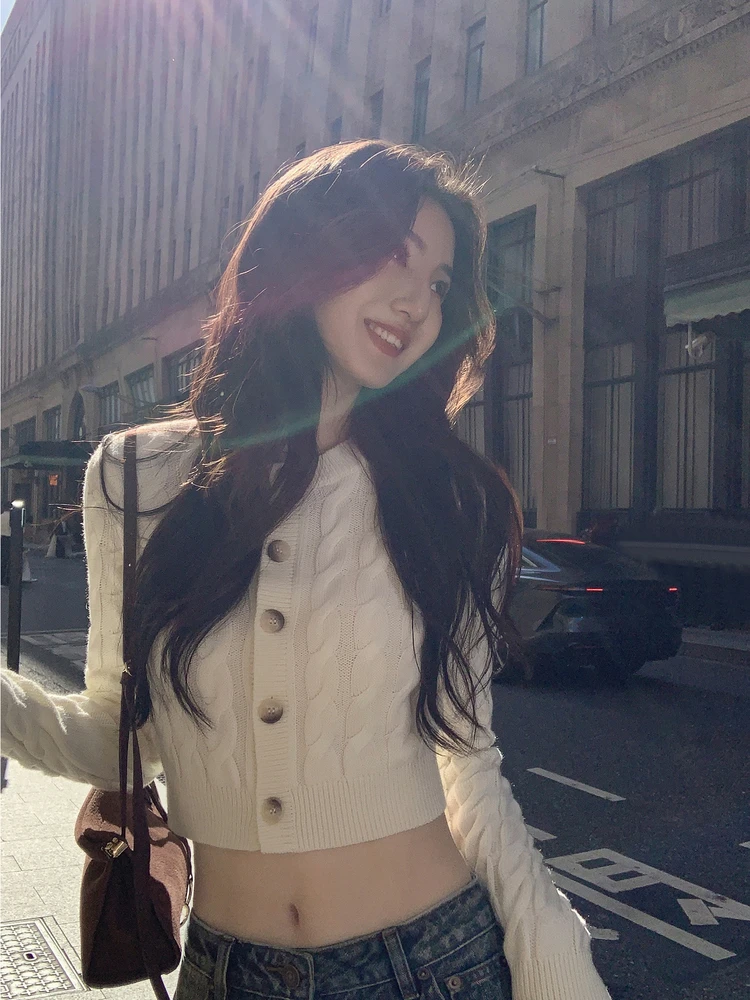 

Mulvan lectual Scholarly Feel round Ne Twisted Knitted Cardigan ort Soft Long Sve Women's Sweater Top