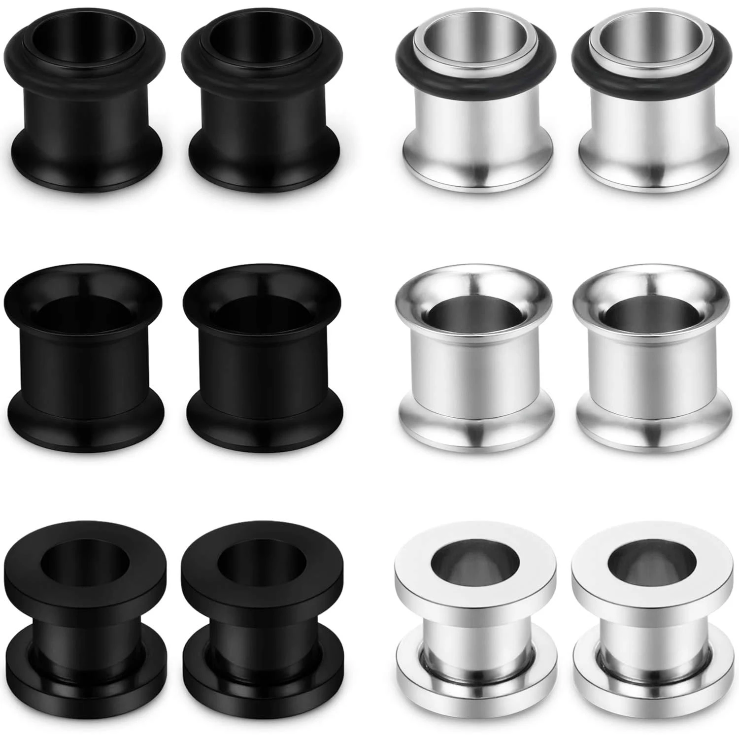 1pair/6 Pairs Tunnels Screw Fit Plugs Surgical Steel Ear Stretching Gauges Expander Piercing Jewelry Set for Men and Women