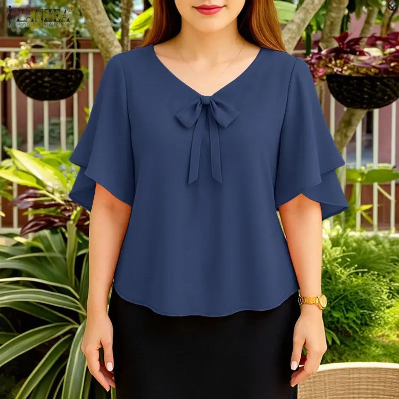

2026 ZANZA Women Summer Blouse Elegant V Neck Half Sleeve Tops Casual Female Holiday Tunic Stylish Solid OL Work Shirt Mujer