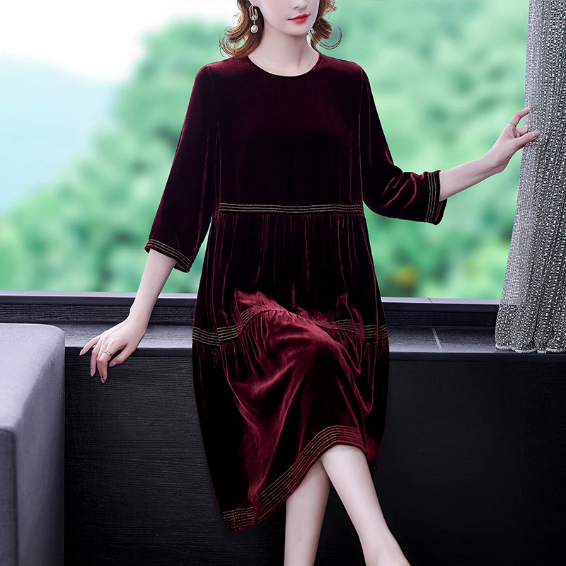 

Women New Red Polka Velvet Long Sleeve Midi Dress Autumn Winter Thick Warm Elegant Dress Korean Vintage Dress