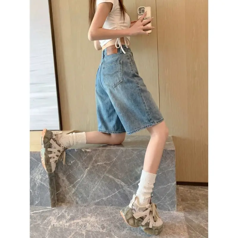 Blue American Style Five-Point Denim Shorts Women's Summer High Waist A-Line Slimming Casual Mid-Length Cotton Stretch Jeans