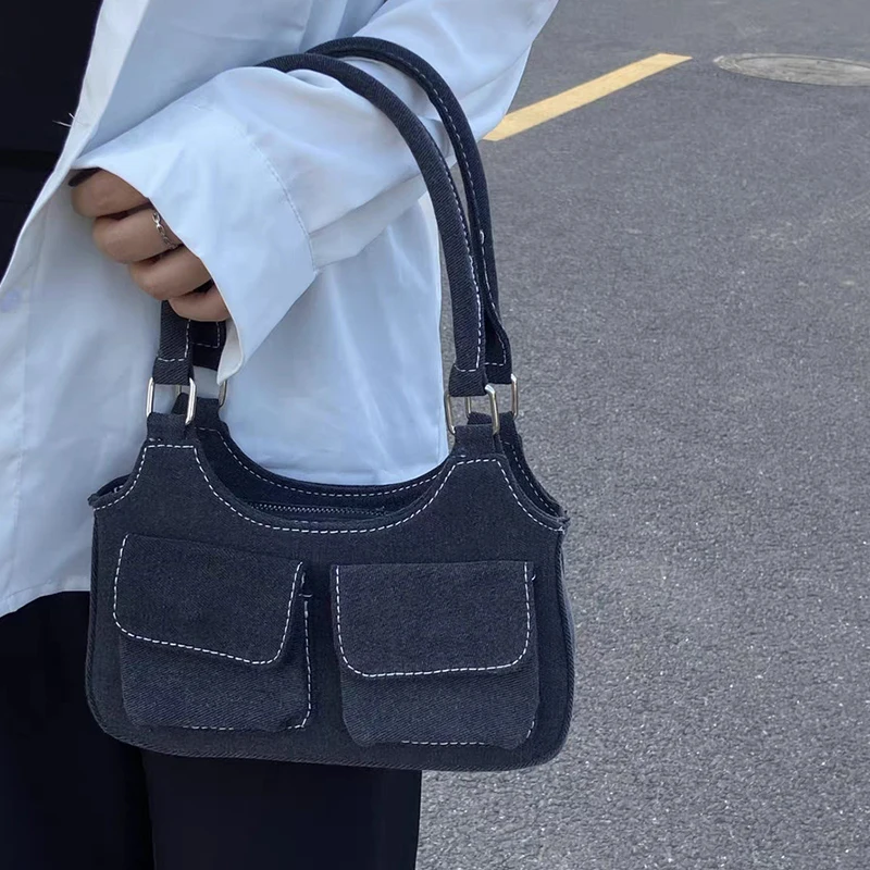 Vintage Double Pocket Denim Handbag Lady Casual High Quality Y2k Shoulder Bag Woman Fashionable Zipper Women Underarm Bag Purse