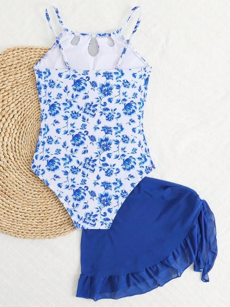 One Piece Girls Kids Swimsuit 2026 New Blue Print Sling Children Swimwear Summer Mesh Beach Cover Up Bathing Suit For Swimming