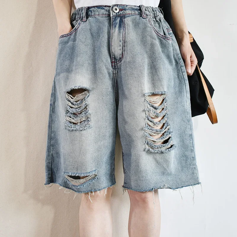 

New High Quality Women Large Size Loose Denim Shorts Casual Oversize Distressed Vintage Ripped Holes Cropped Jeans