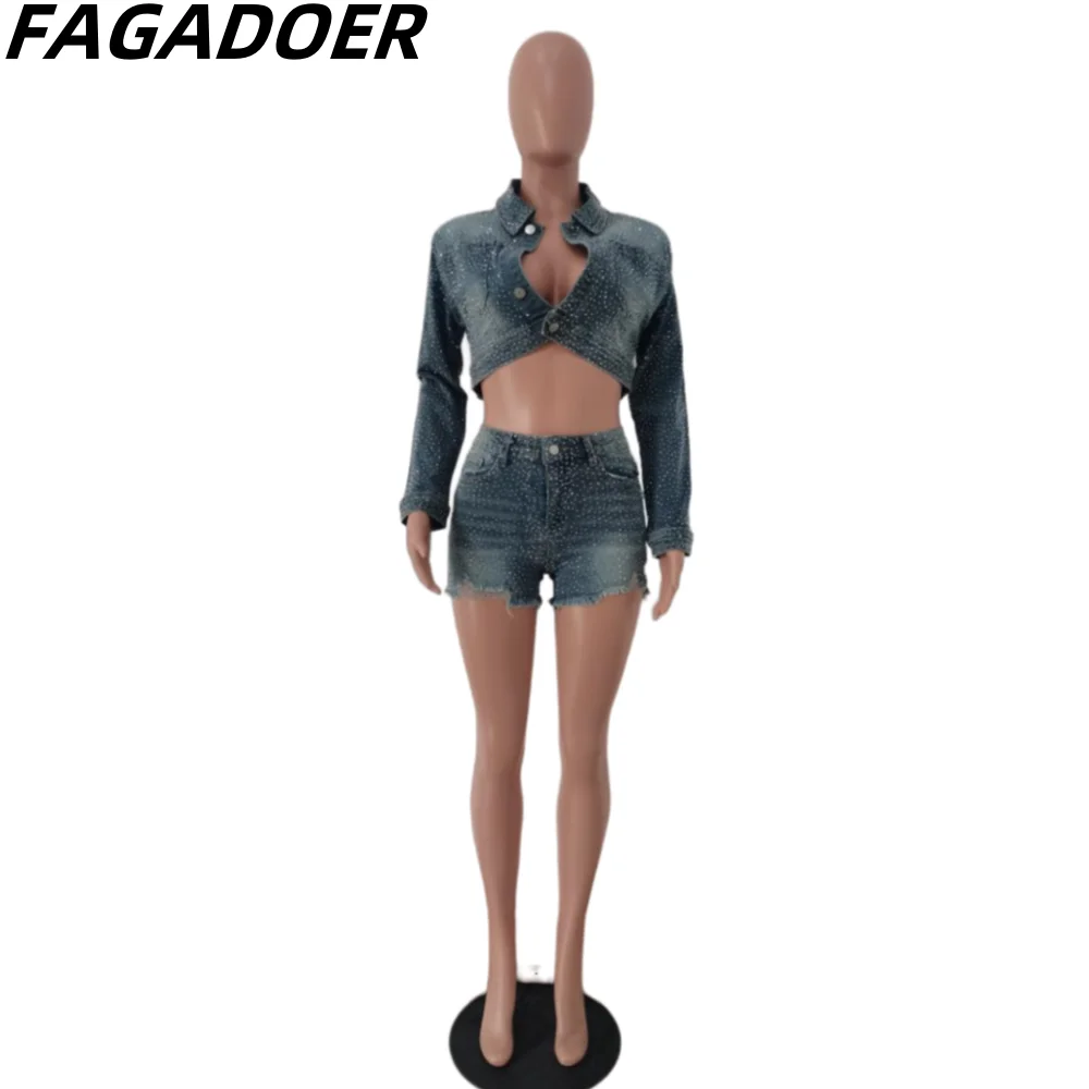 Fagador-デニムツーピースセット,半袖とショートパンツ,ラインストーン付き,レトロスタイル,y2k, 2024