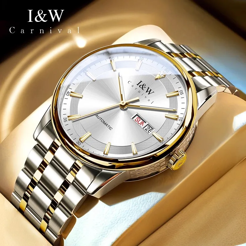 

Роскошные часы Carnival для мужчин, модные водонепроницаемые мужские золотые и серебряные автоматические механические наручные часы с календарем Montre Homme
