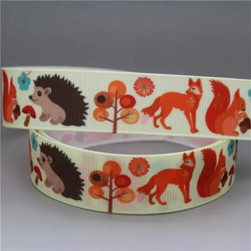 DHK 22mm 10yards Animals Fox Bee Owl Printed Grosgrain Ribbon Accessories Headwear Decoration Collar DIY Sewing Craft B2413