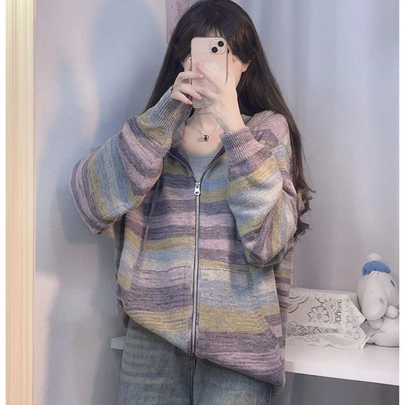 2023 Female Rainbow Hooded Cardigan Coat Autumn Winter New Fashion Stripe Zipper Jacket Women\'s Loose Casual Knitted Outerwear