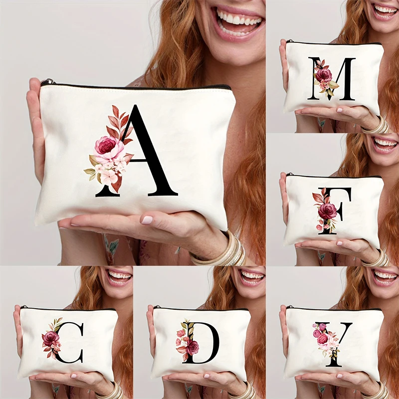 Bolsa de cosméticos con estampado Floral de letras A-Z, bolsa de maquillaje con alfabeto para mujer, bolsas de viaje portátiles, bolsa organizadora, bolsos con cremallera