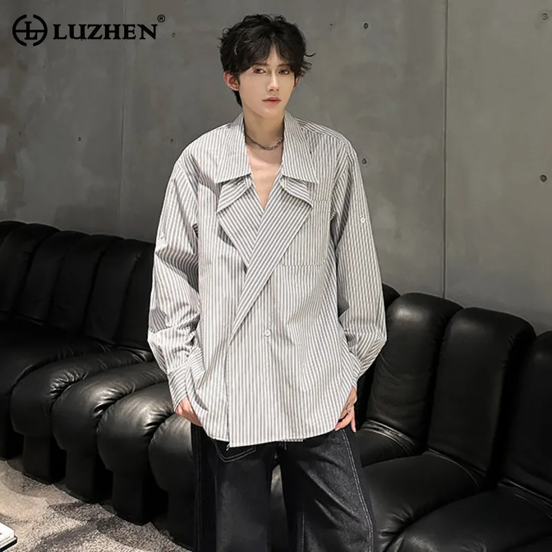 

LUZHEN стильные, элегантные, красивые, свободные повседневные рубашки, мужские осенние рубашки в полоску с принтом, оригинальный дизайн шеи, корейская одежда JY4441