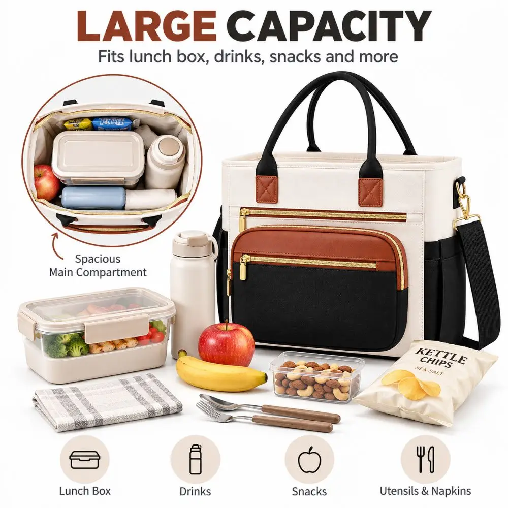 Thermal Insulation Insulated Lunch Bag Leakproof EPE Padding Lunch Cooler Wide Opening Detachable Strap Cooler Tote Work Commute