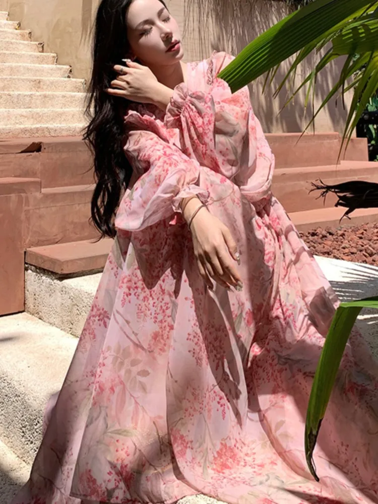 

Autumn Women Floral Casual Beach Evening Party Long Dresses V Neck Vintage A-line Dress Korean Fashion Sweet Vestidos Mujer New