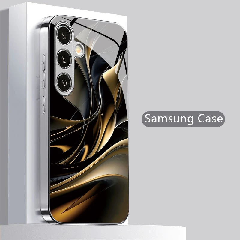 Black Gold Curved Pattern 2D Phone Case for Samsung S26 S25 S24 S23 S22 S21 S20 A56 A36 A16 Electroplated Glass Protective Cover