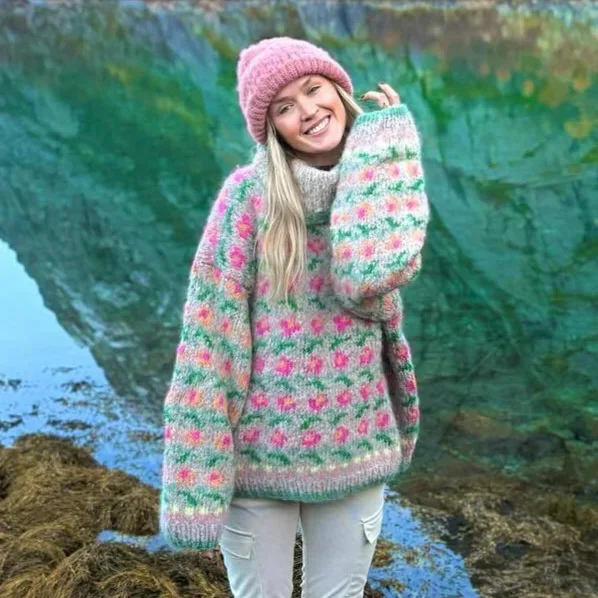 

High Neck Loose Floral Knit Sweater Thick Long Sleeve Warm Pullover For Women Cozy Autumn Winter Office Home Layering Holiday