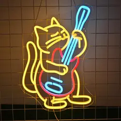 Guitar Cat USB Powered Led Neon Sign Dimmable Neon Light Wall Decor For Room DecorationBedroom Store Music Bar Party Gift