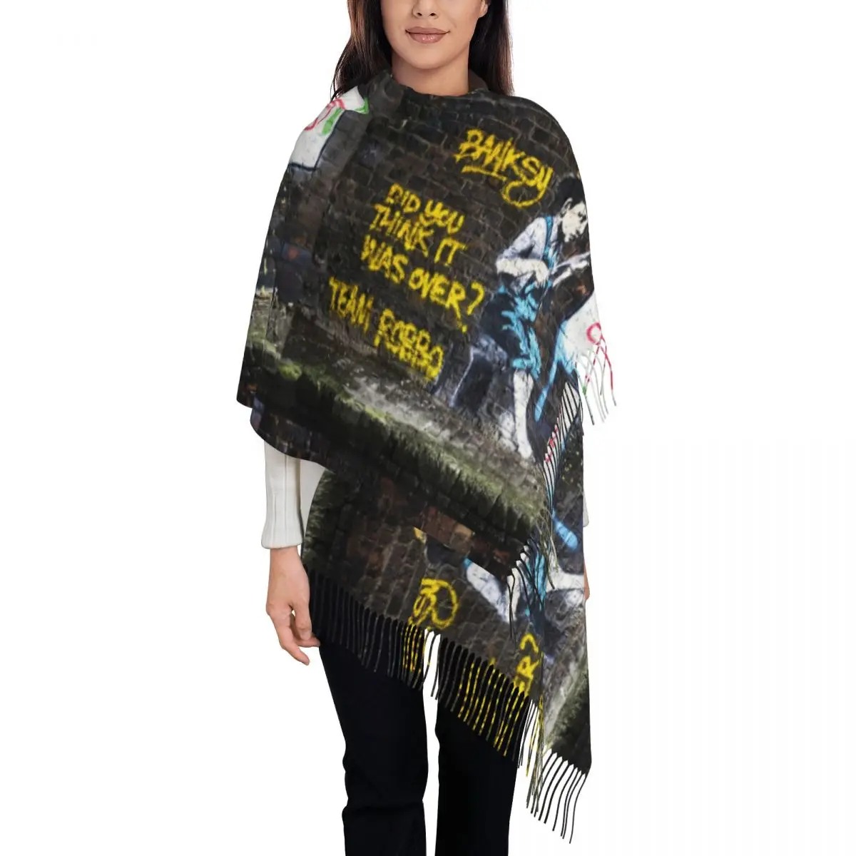 Banksy Robbo War Fishing Boy Scarf for Womens Warm Winter Pashmina Shawl Wrap Large Scarves with Tassel for Evening Dress