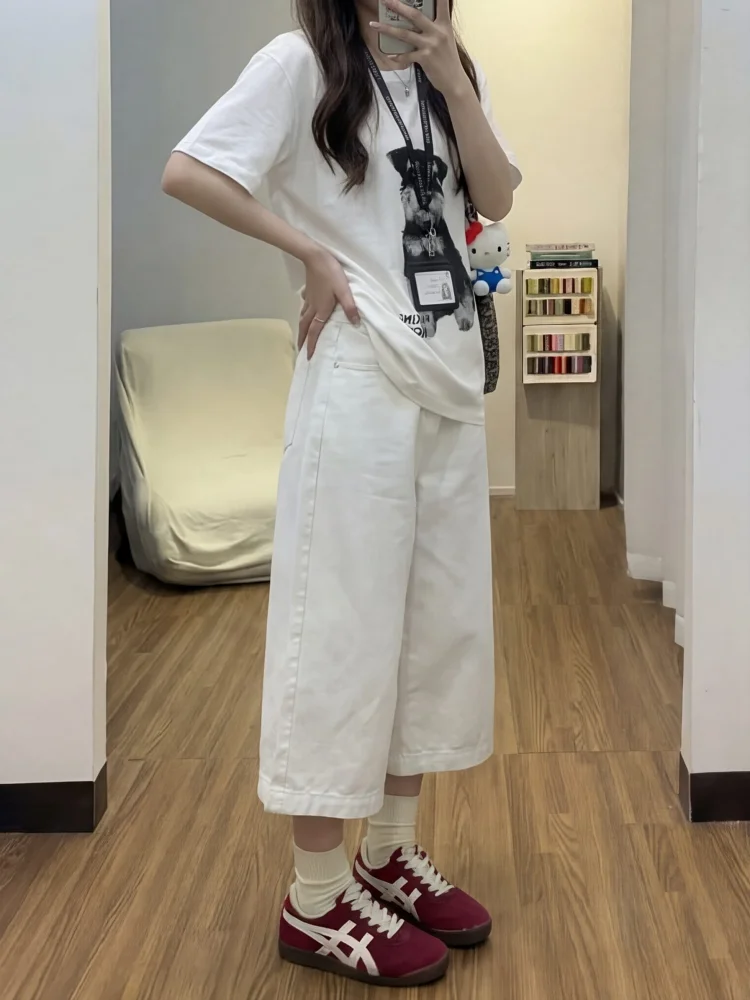 

American Lazy Style High Waist Loose Women's Jeans White Seven-Foot Denim Pants Summer New Wide Leg Pants Casual Wear