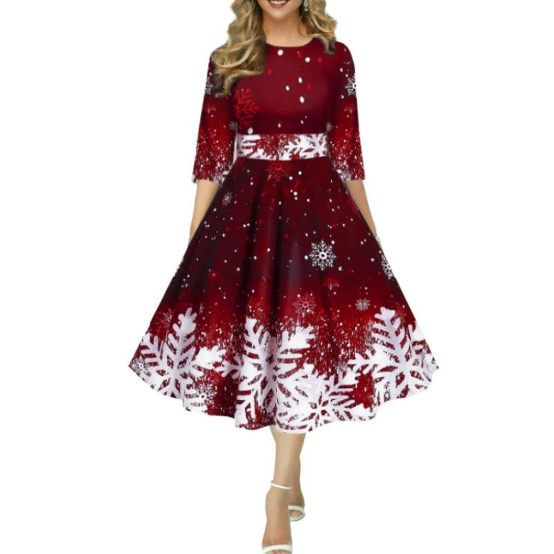 

Christmas Style Women's Clothing New Autumn Winter Fashion Personality Snowflake Digital Print Mid Sleeve Waist Cinching Dress