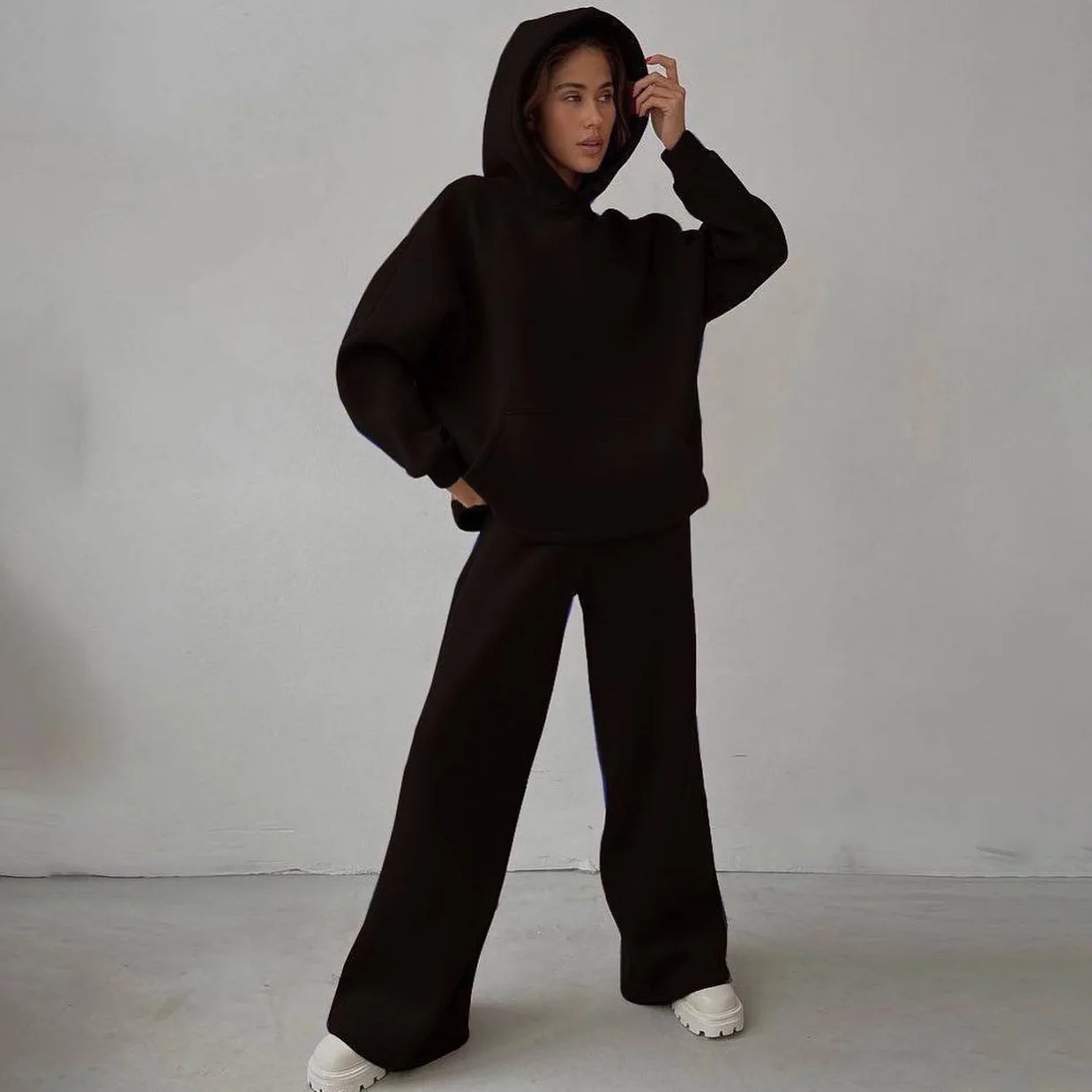 Women Tracksuit Two Pieces Set Hooded Solid Color Sweatshirts Wide Leg Pants Pockets Elastic Waist Loose Sports High Street