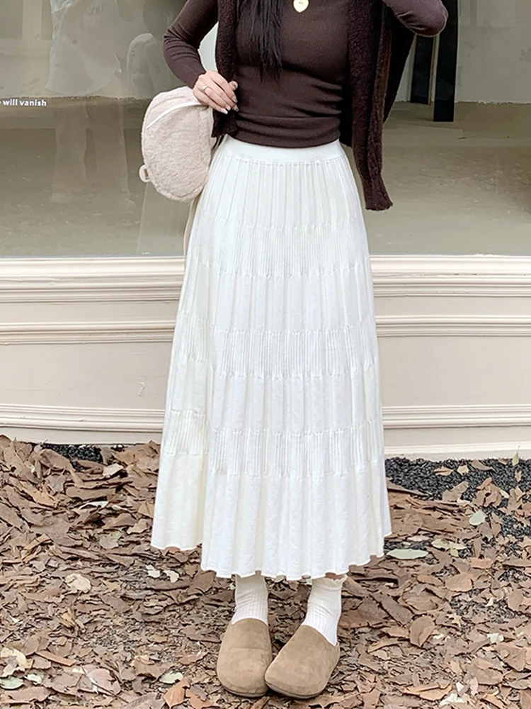 Falda Midi de Punto Plisada de Cintura Alta para Mujer, Otoño Invierno, Estilo Casual, para el Hogar y Uso Diario...