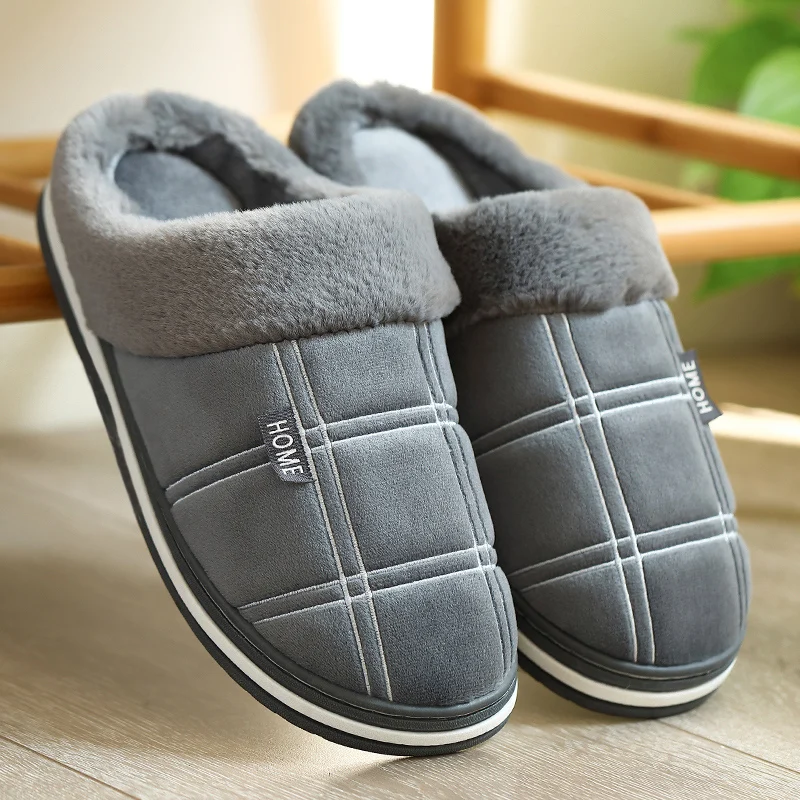 Zapatillas de casa para hombre a cuadros, cálidas, suaves, cómodas, antideslizantes, zapatos para sala de estar, suela resistente, talla grande 40-50