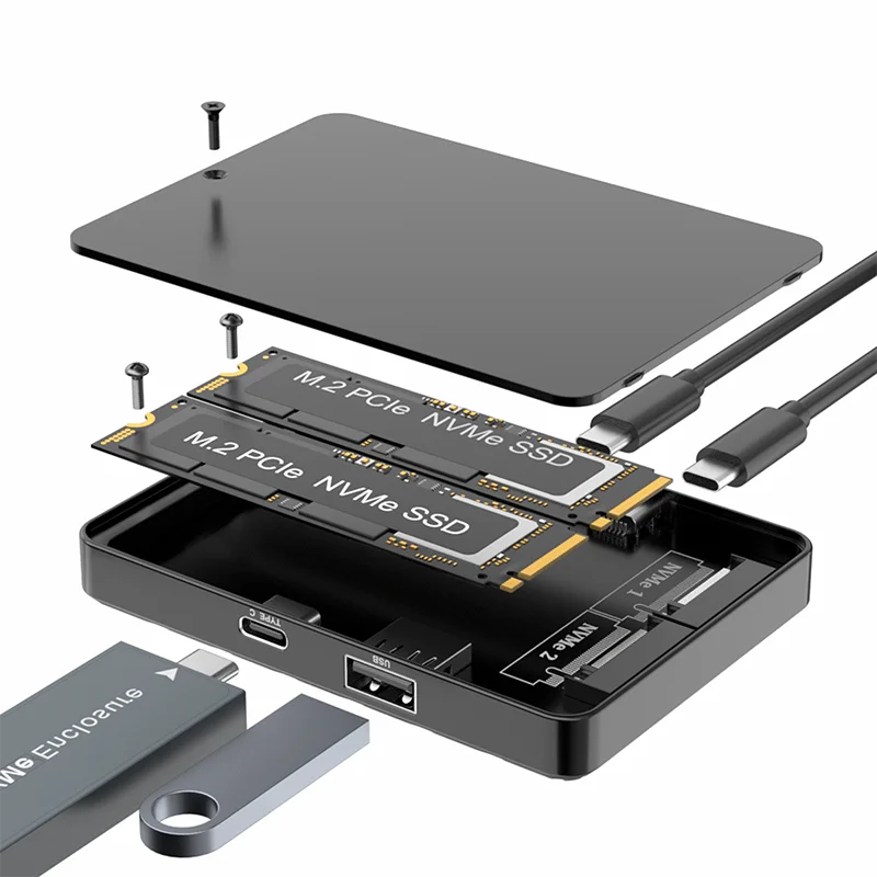 SSD Adapter Dual Protocol M.2 NVMe SATA SSD Case Solid State Drive Docking Station USB3.2 GEN2 10Gbps Dual Bay M.2 SSD Enclosure