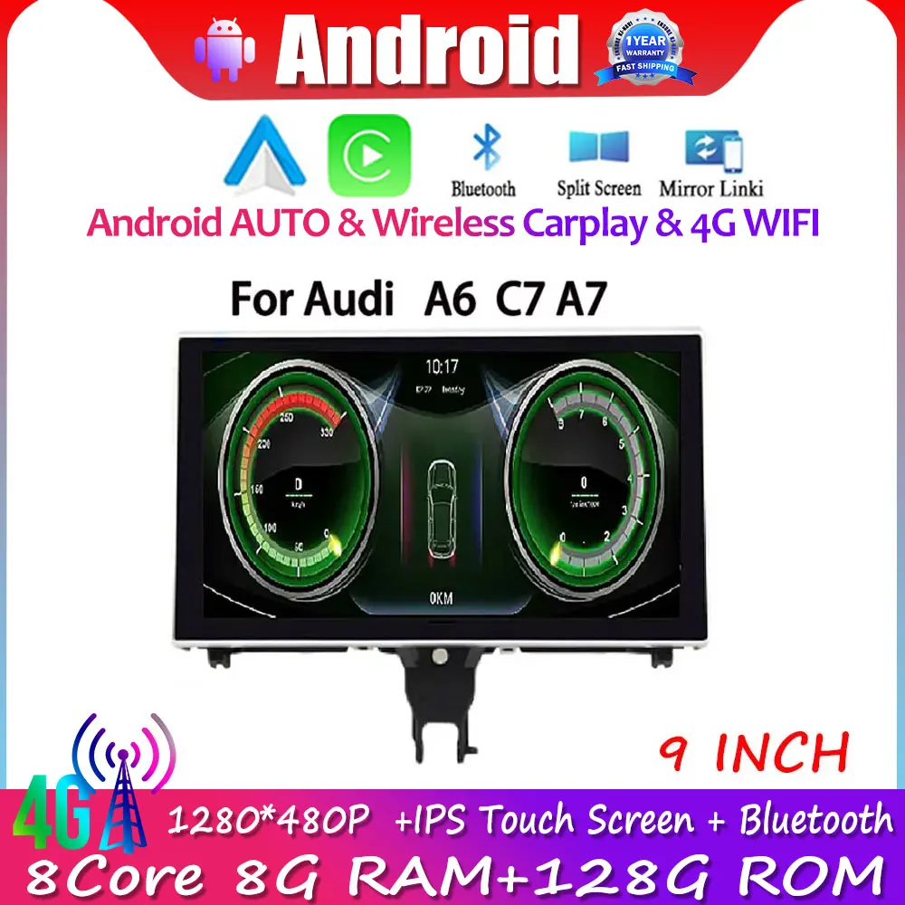 

9 Inch Android 13 Car Multimedia Player For Audi A6 C7 A7 2012-2018 Monitors Stereo Radio Carplay Touch Screen GPS Navigation