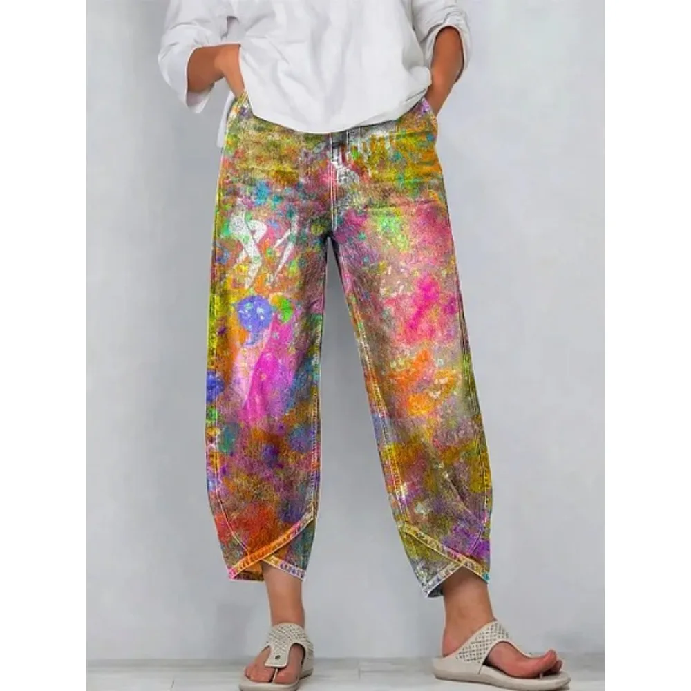 Kurze Harem-Capri-Hose mit abstraktem geometrischem Aufdruck für Damen, Baumwolle, lockere Passform, Tulpen-Wickelhose, knöchellange Freizeithose, XXS-4XL – Detail 19