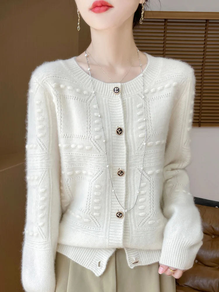 Autumn Winter Warm Soft Cable Stitch Simple Comfortable Women's O-Neck Cardigan 100% Merino Wool Knitted Sweater Clothing Tops