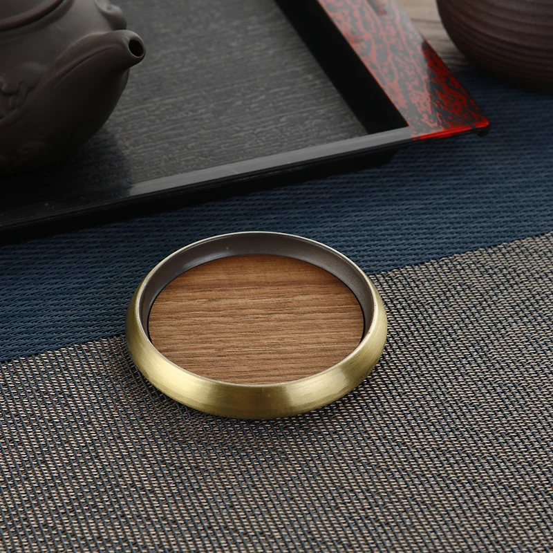 High-quality Wooden Coaster with Metal Ring Heat Insulation Cup Pad Drink Cup Coaster for Tea Coffe Milk Kitchen Supplies