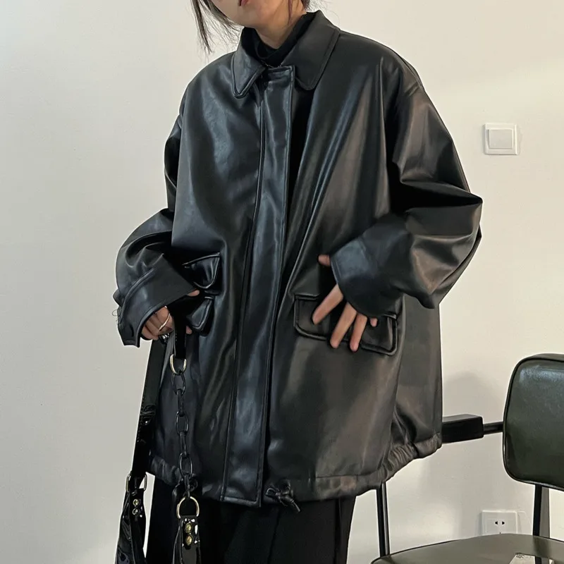 HKSH Lente Herfst Nieuwe vrouwen Jas PU Leer Rits Turn-down Kraag Zakken Streetwear Punk Casual Motorjassen HK14434