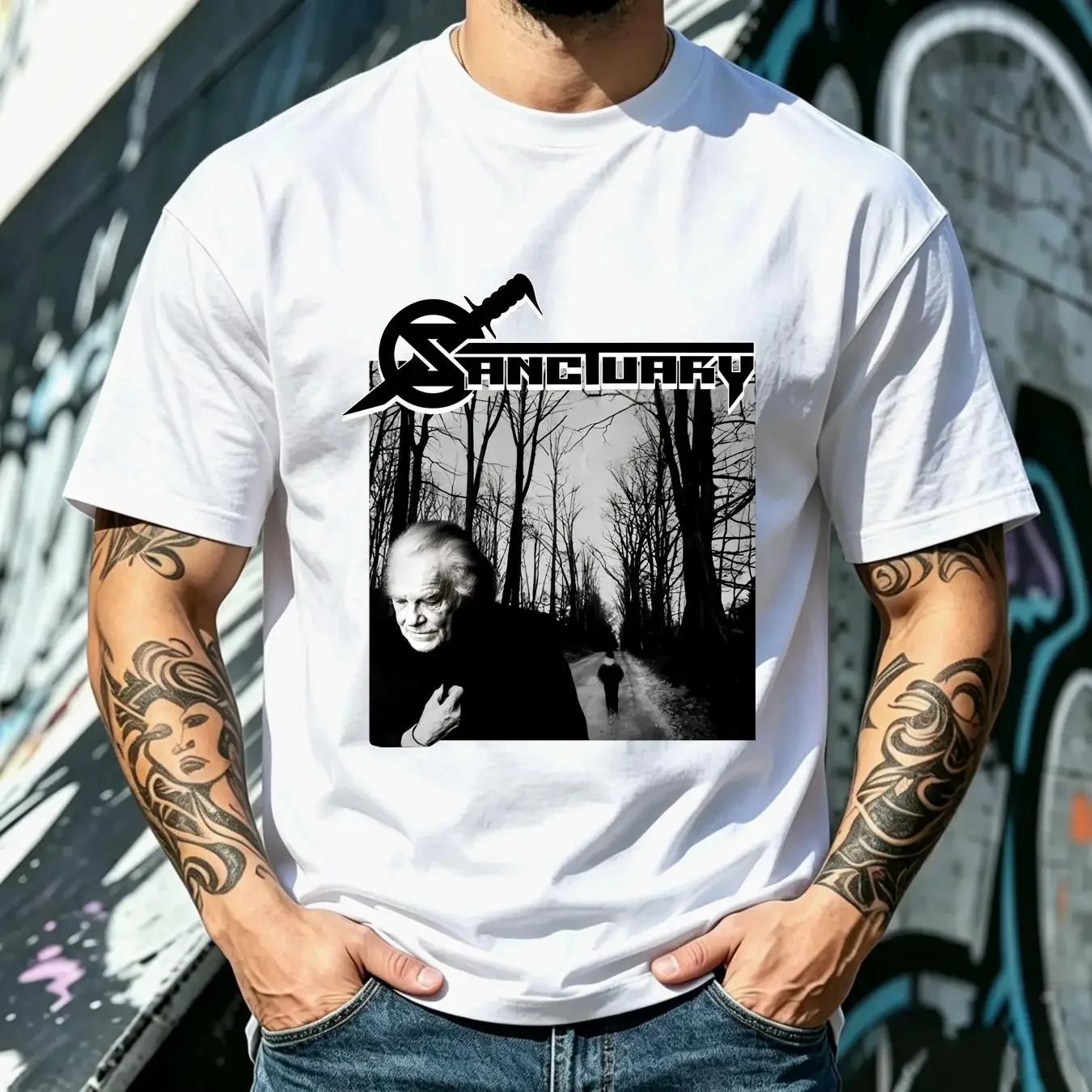 washed T Shirt Vtg Sanctuary Band Music Lover Cotton S 4XL Black Classic long or short sleeves vintage Washed Stylish Casual