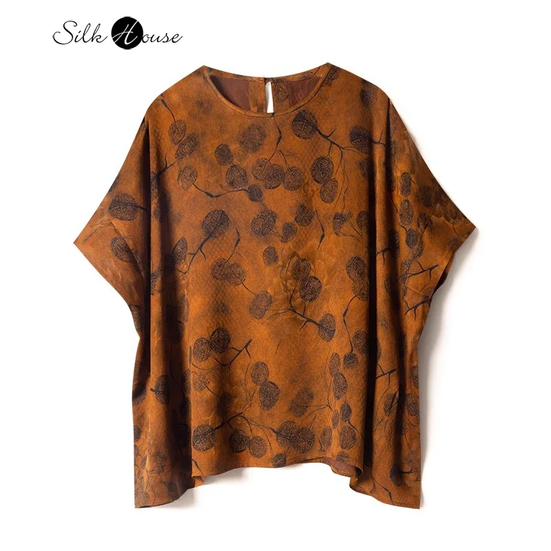 

2025 Women's Casual Summer New Lychee Printed 100% Natural Mulberry Silk Gambiered Guangdong Gauze Round Neck Loose T-shirt