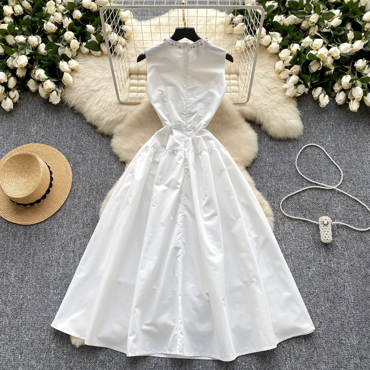 Women's Summer A Line Dress Nail Bead Diamond Round Neck Sleeveless Dresses Slimming Big Hem Dresses Women