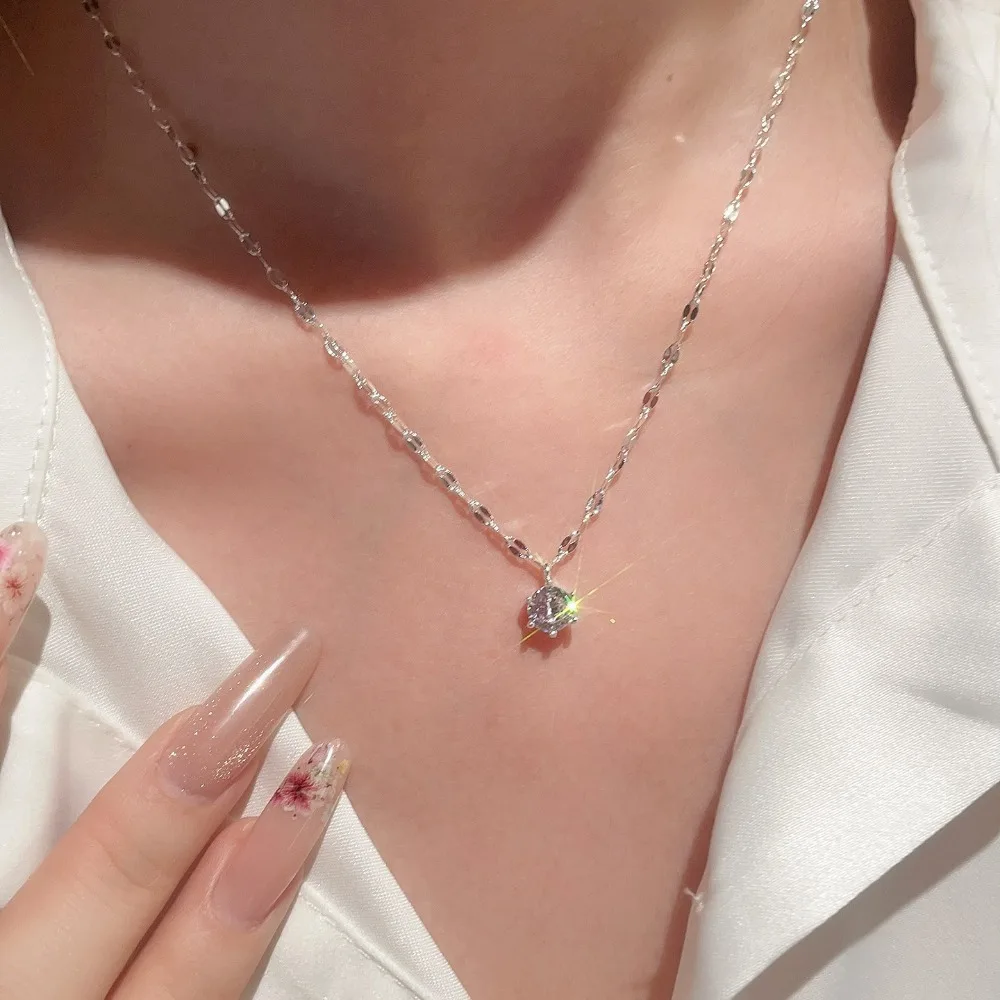 Classic Simple 925 Sterling Silver Six-claw Single Zircon Pendant Necklace for Women Trendy Collar Chain Daily Wear Jewelry Gift